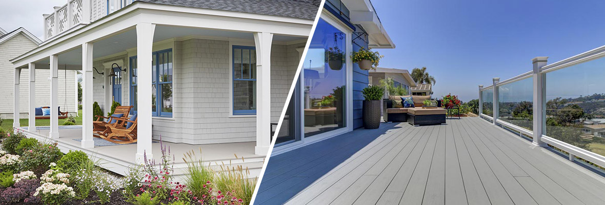 Side-by-side photos show a front porch with a roof and chairs on the left, and a back deck with seating and decor on the right.