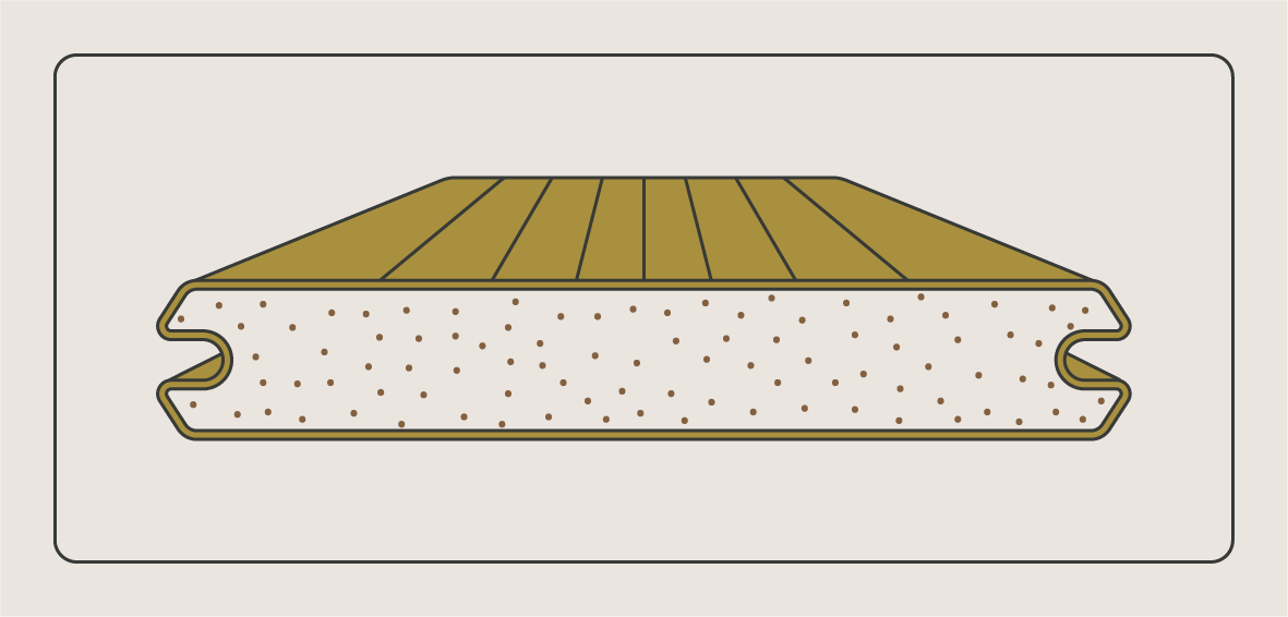 A bisected composite board shows 4-sided protective polymer capping wrapped around the decking core.