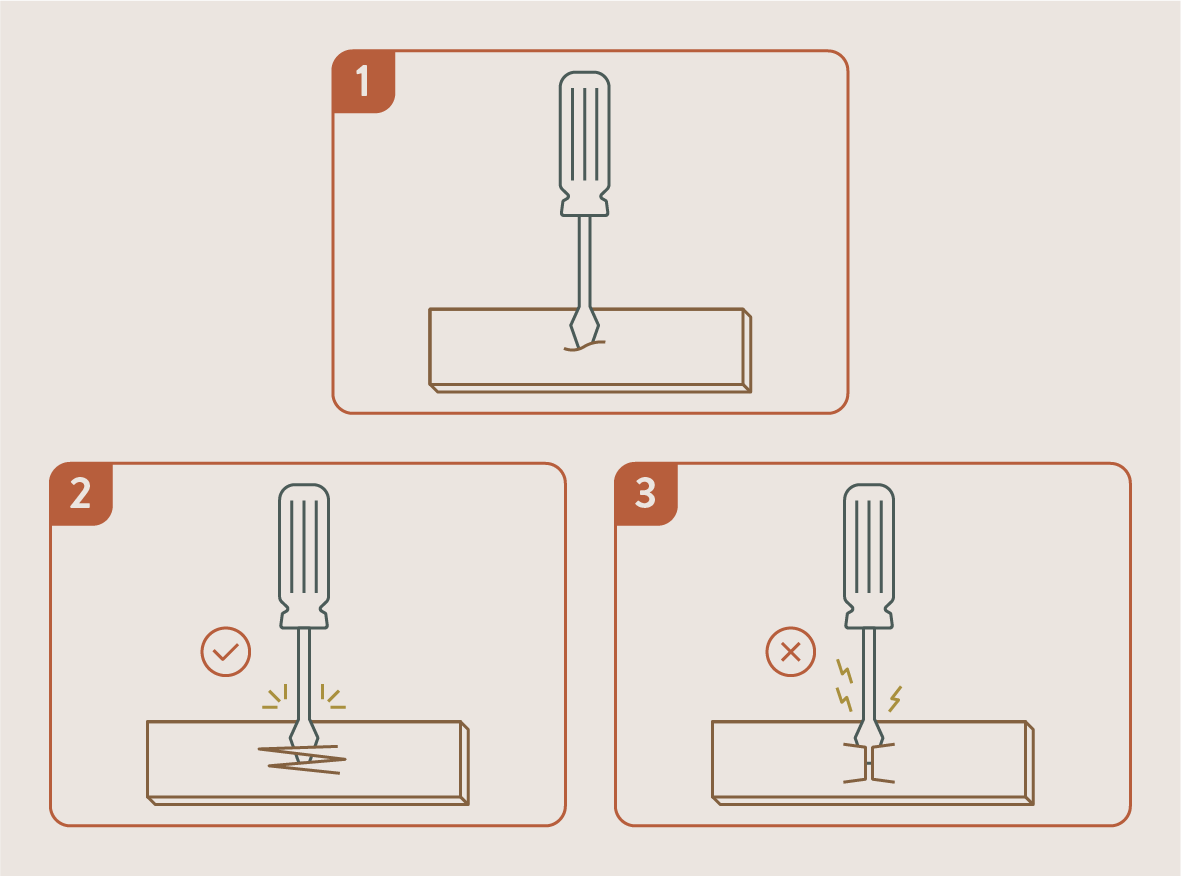 A diagram visualizes a wood rot test using a screwdriver with illustrations showing good splintering and breakage from rotten wood.