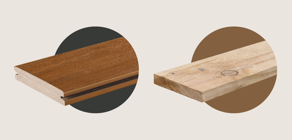 Two decking boards are shown side-by-side with capped composite to the left and wood to the right. 