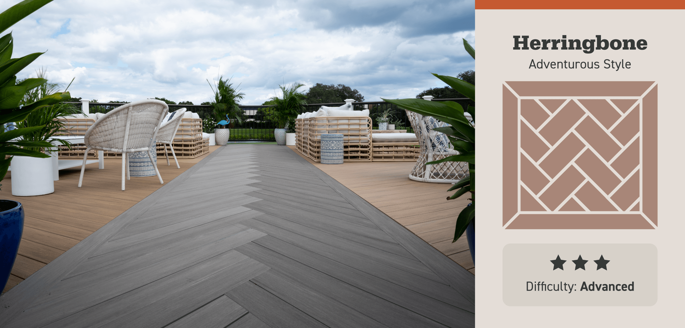 A herringbone inlay splits two deck sections, and an information box illustrated the pattern close-up with an advanced difficulty rating.