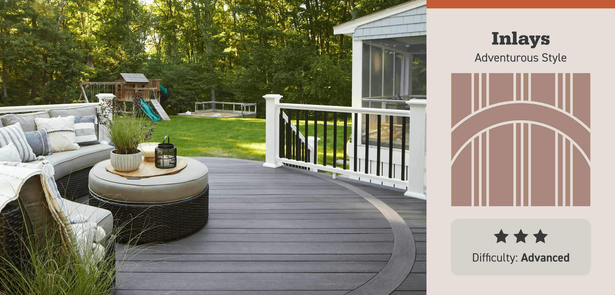 A round deck section features a curved inlay with a light gray board framing a pinstripe pattern and seating area. 