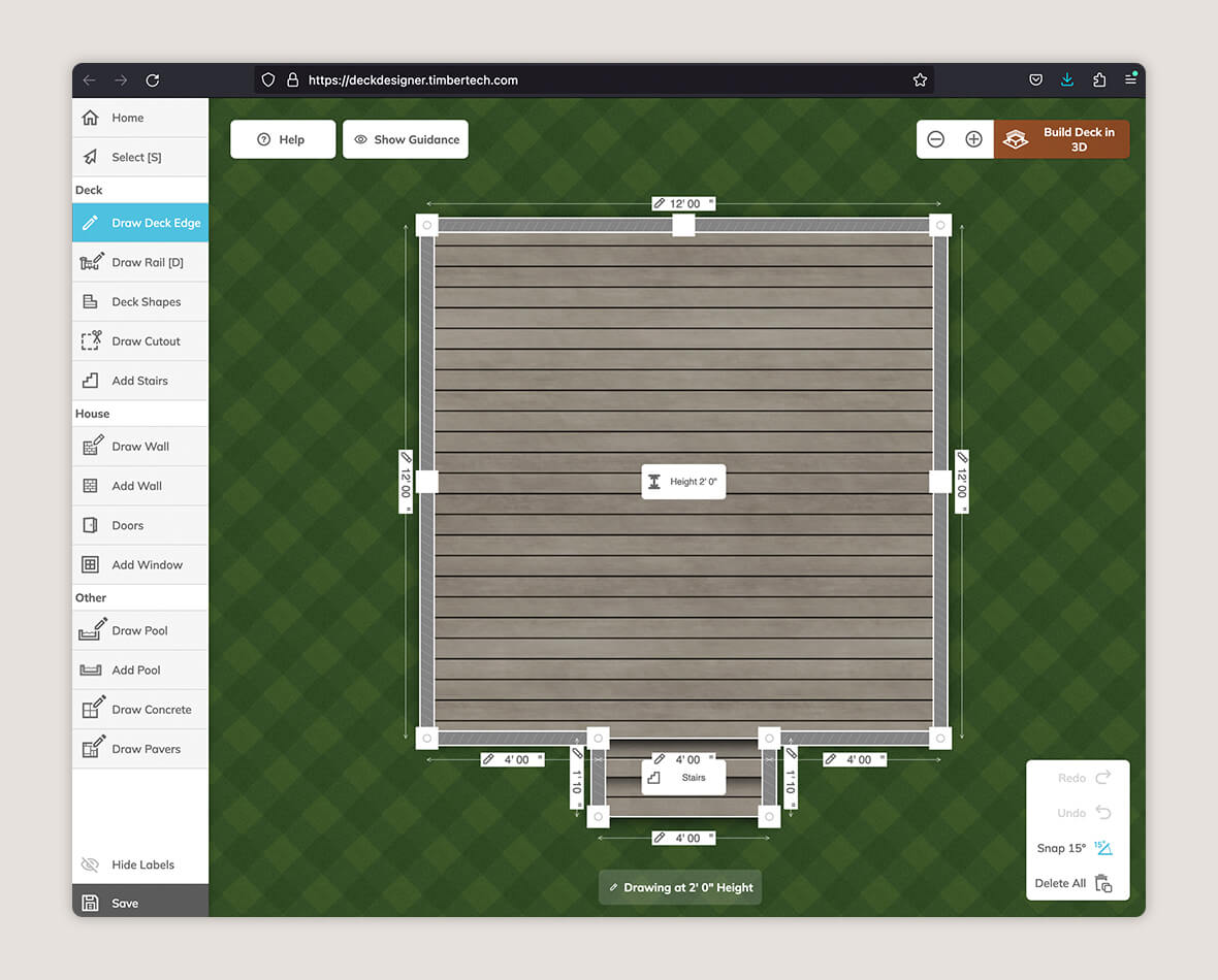 A screenshot shows TimberTech’s Deck Designer program creating a simple platform deck design.