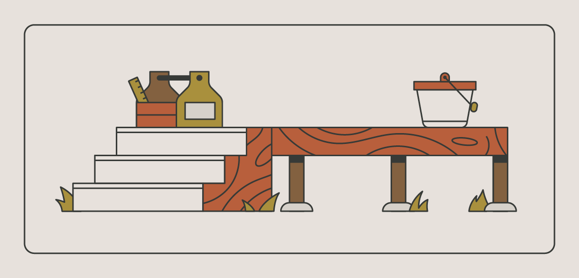 An illustration of a platform deck with steps has a toolbox and bucket on top.