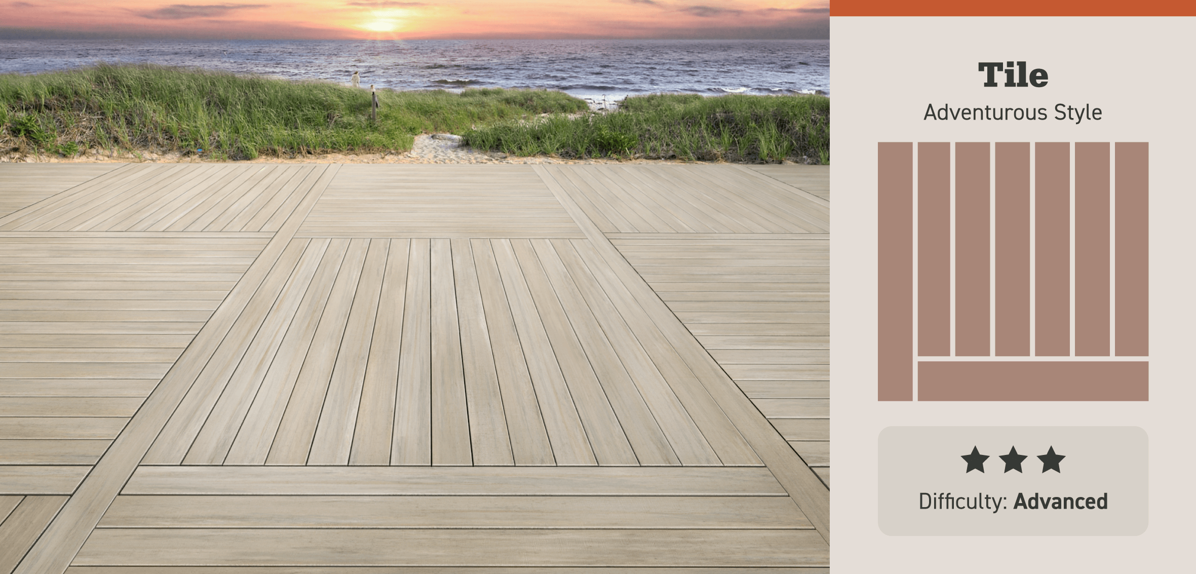 Alternating patterns are set in square "tiles" with transition boards framing each pattern.