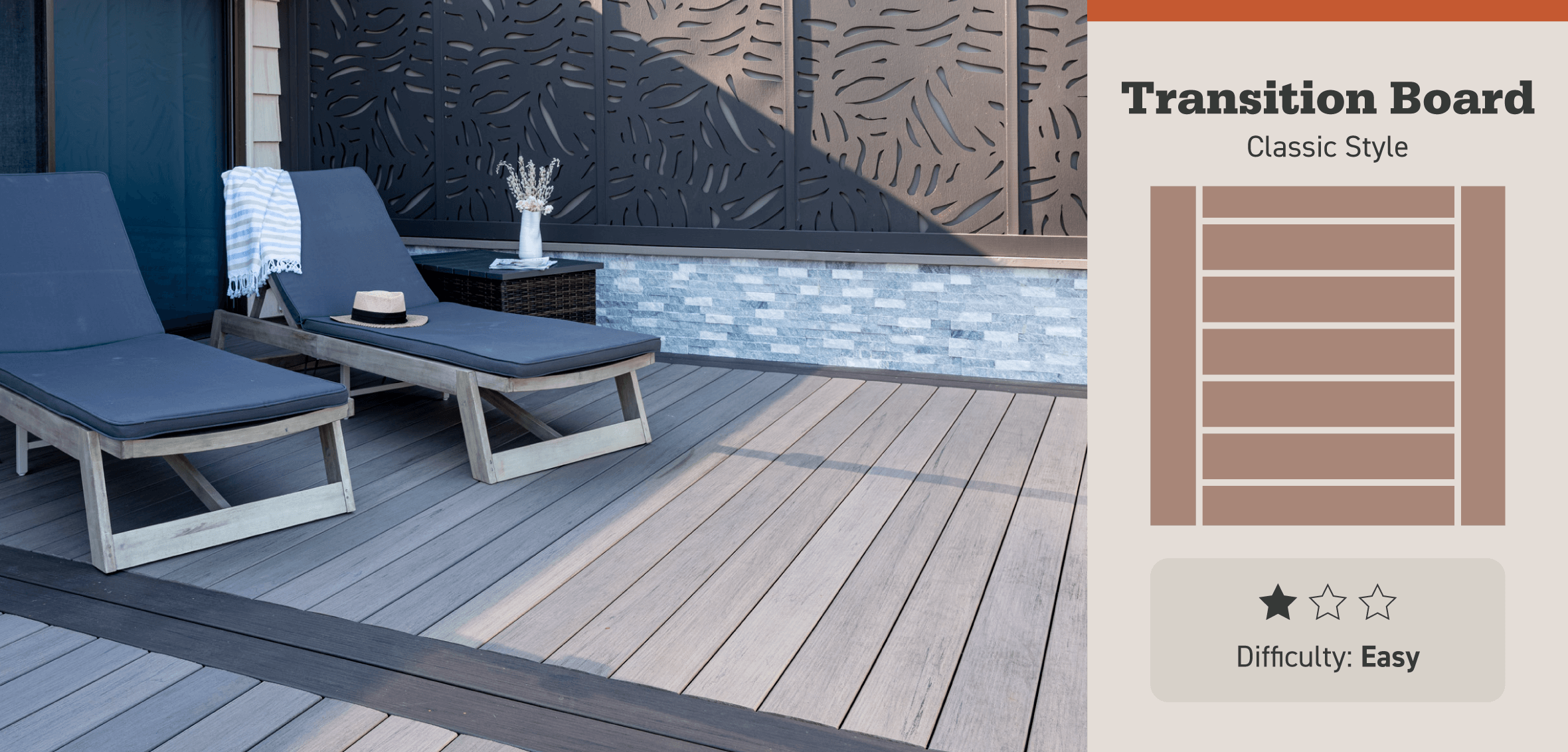 Light gray single-width boards are lined with contrasting dark gray boards, with a pattern illustration and difficulty rating to the right.