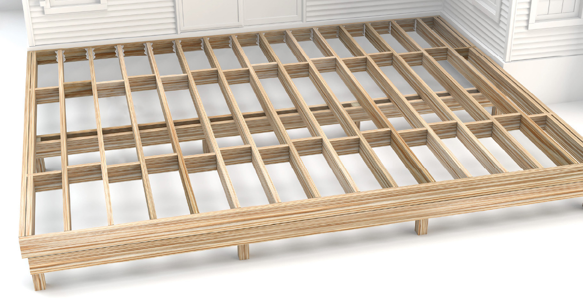 The substructure of a deck, including joists, rim boards, blocking, and posts is shown without the deck surface installed.
