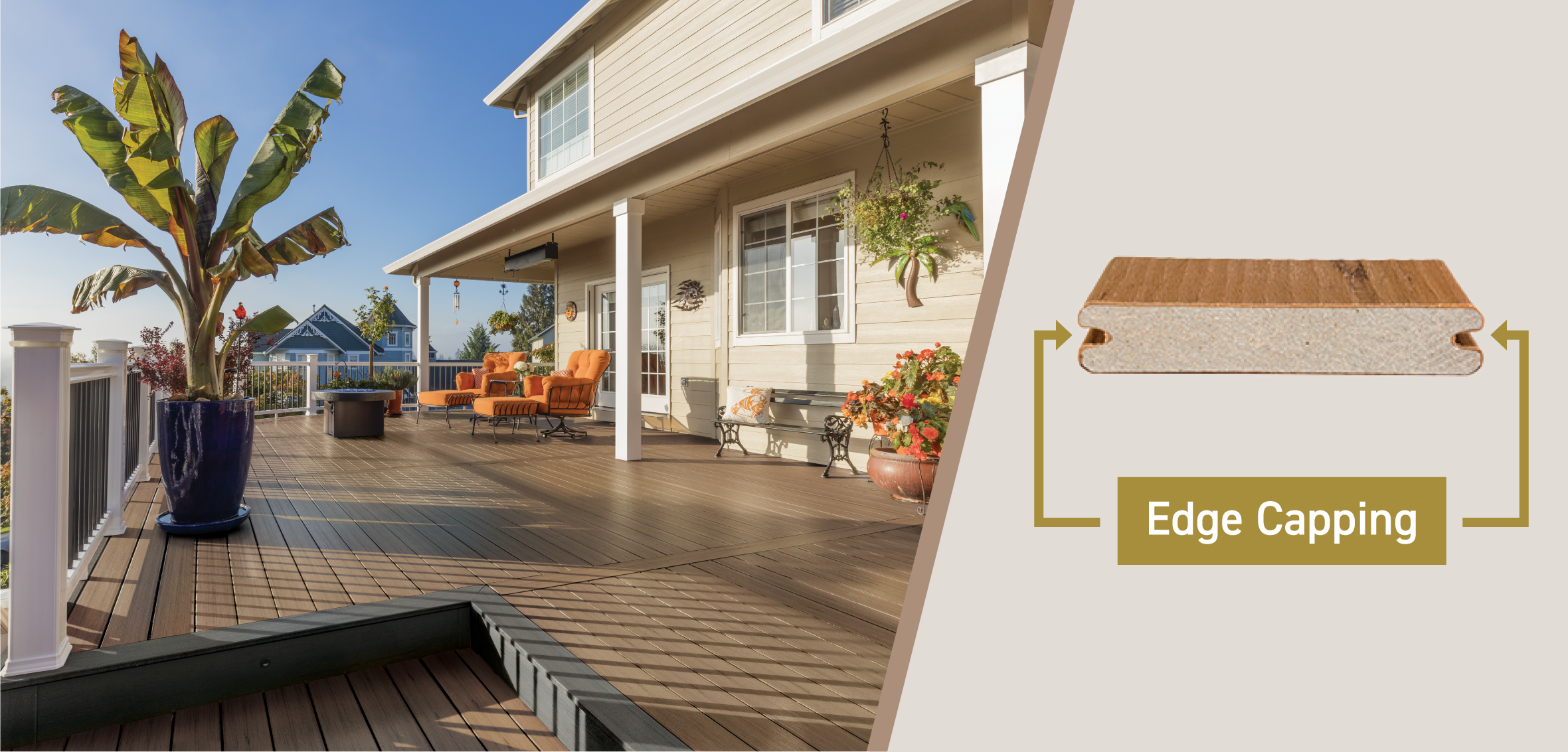 A decorated back deck with contrasting-colored rim and framing boards features a close-up of a boardβs capping.