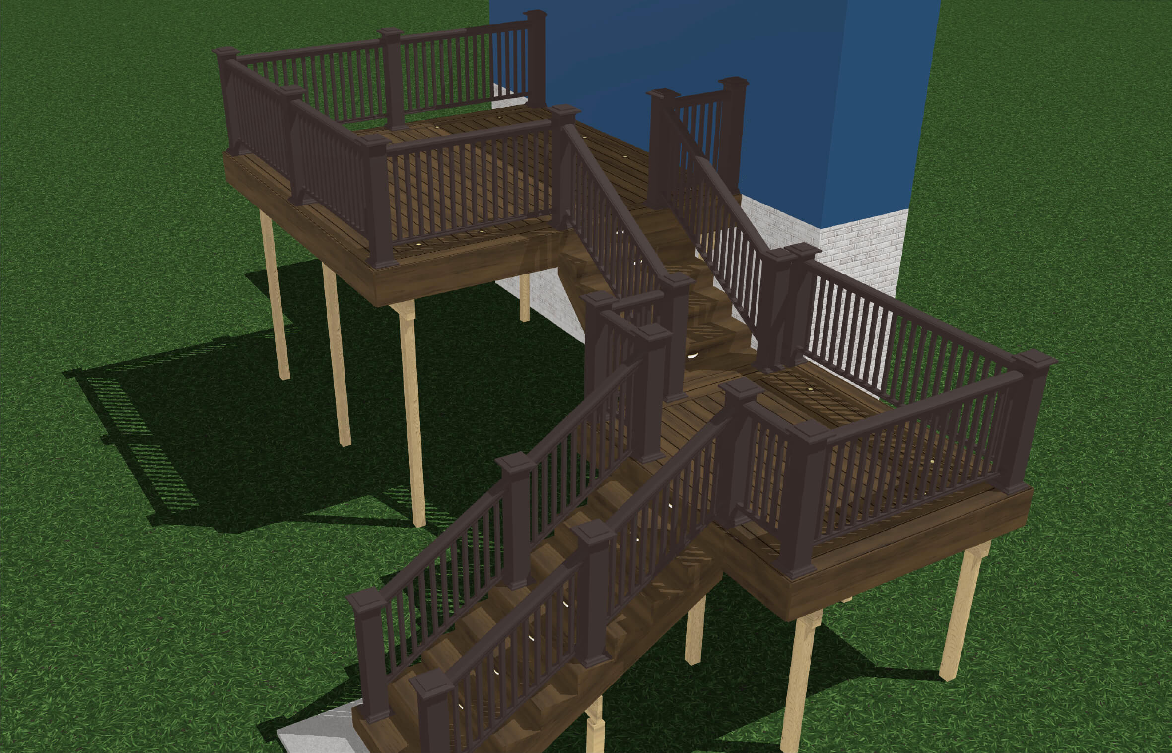 A 3D illustration of a multi-level deck, which are common choices for decks on a slope.