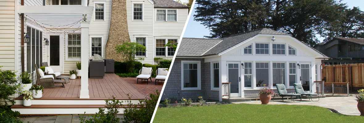 Side-by-side photos show a patio for building on with a deck installed over concrete and a patio with a low door that prevents a new deck. 