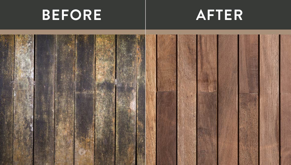 Comparison of a wood deck before and after cleaning and treatment.