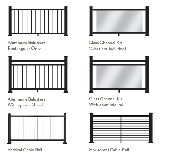 The available infills include: Aluminum Balusters Rectangular Only, Aluminum Balusters with open mid-rail, Glass Channel Kit (Glass not included), Glass Channel Kit with open mid-rail, Vertical Cable Rail, Horizontal Cable Rail.