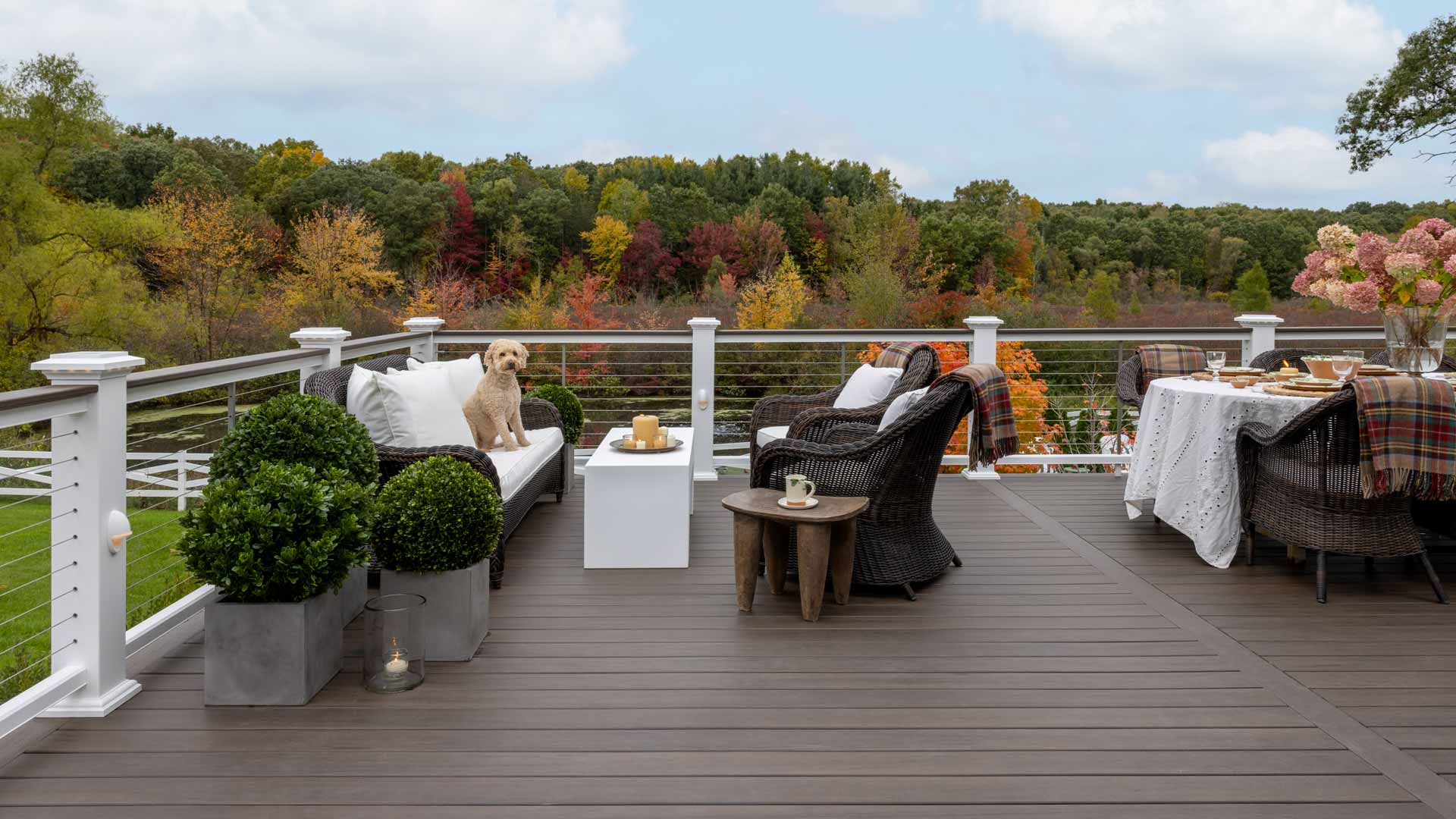 Brown deck with white railing that has a horizontal cable infill with colorful fall trees in the background