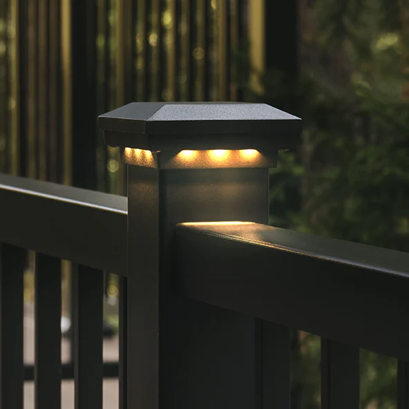 Aluminum Railing Post Cap options include lighted post caps