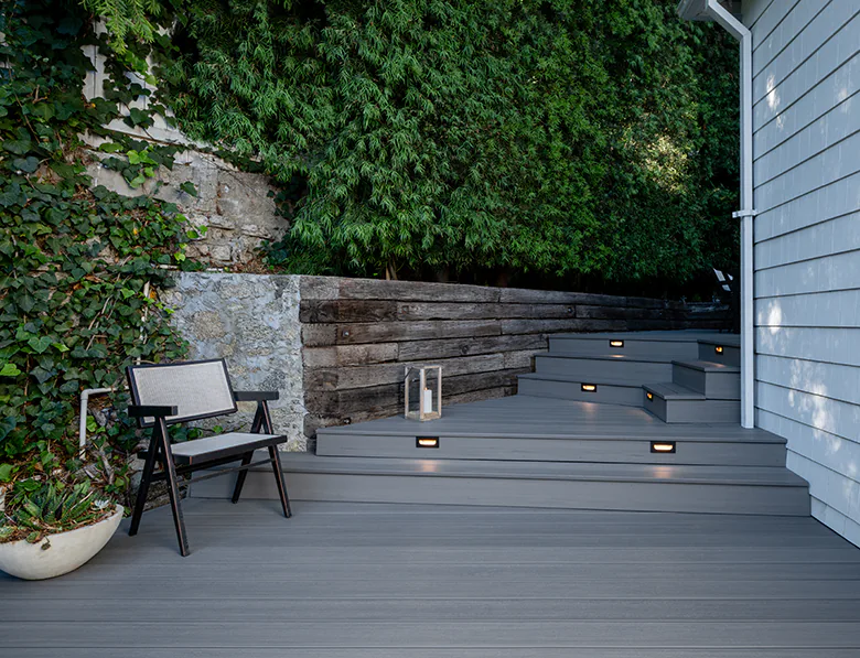 Riser lights light the way on each step of Tony's deck on the stairs that wrap around the side of his house.