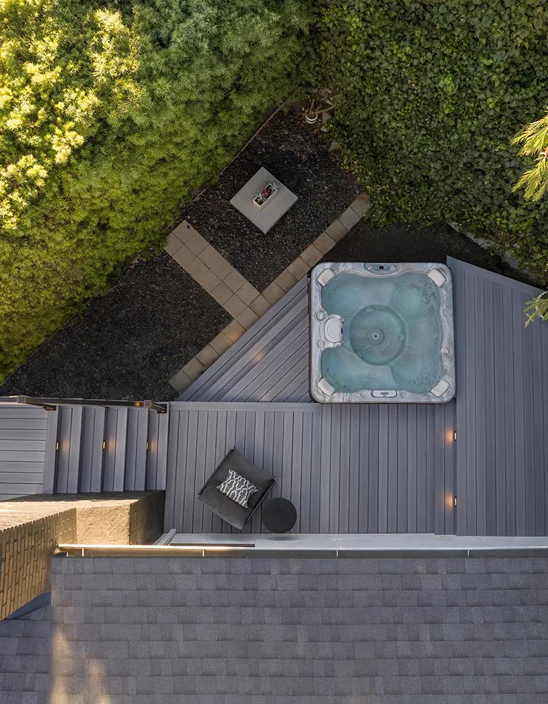 Aerial view of Tony's deck which highlights the many different levels of the deck.