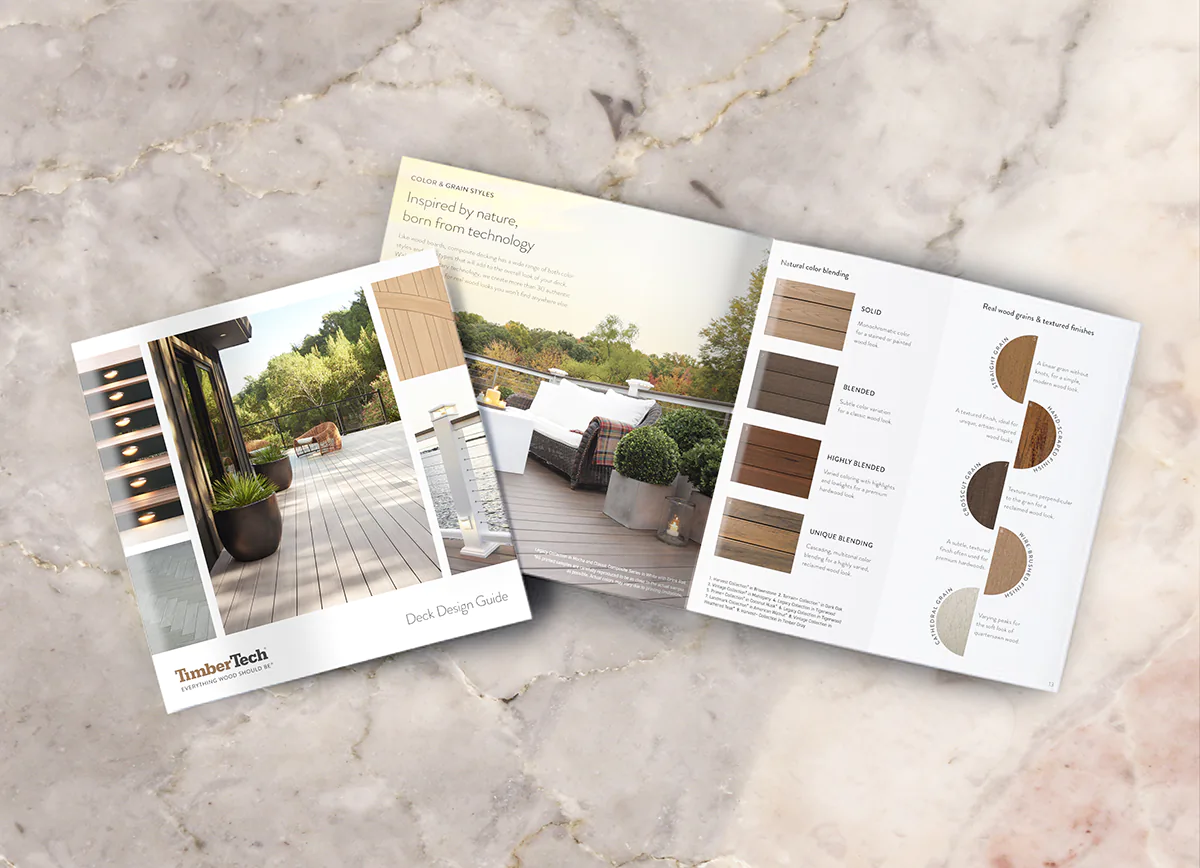 Front cover of the Deck Design Guide next to a two page spread from the print piece.
